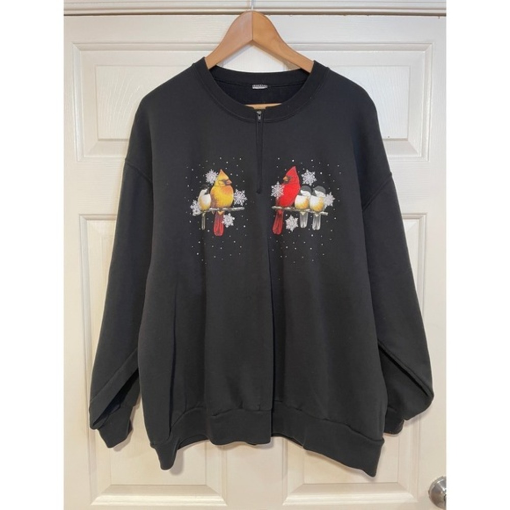 VTG‎ 90s Winter Snow Bird Embroidered Sweatshirt Black 1/4 Zip XL Granny Cottage